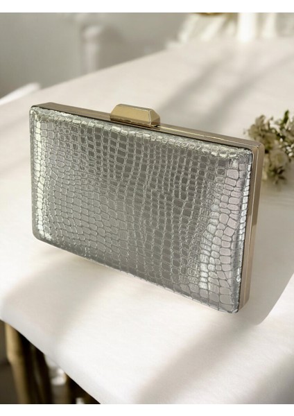 Altın Ithal Krokodil Timsah Lazer Sim Desenli Abiye Çanta