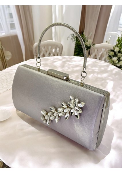 Gümüş Gri Kristal Taşlı Saten Abiye Çanta, Metal Saplı Şıklık fiyatları