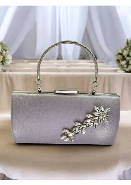 Gümüş Gri Kristal Taşlı Saten Abiye Çanta, Metal Saplı Şıklık modelleri