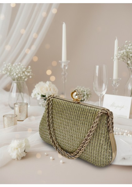 Altın Gold Renk Simli Taşlı Abiye Çanta | Lüks Düğün ve Gece Çantası indirimleri