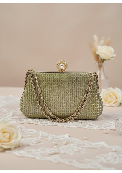 Altın Gold Renk Simli Taşlı Abiye Çanta | Lüks Düğün ve Gece Çantası