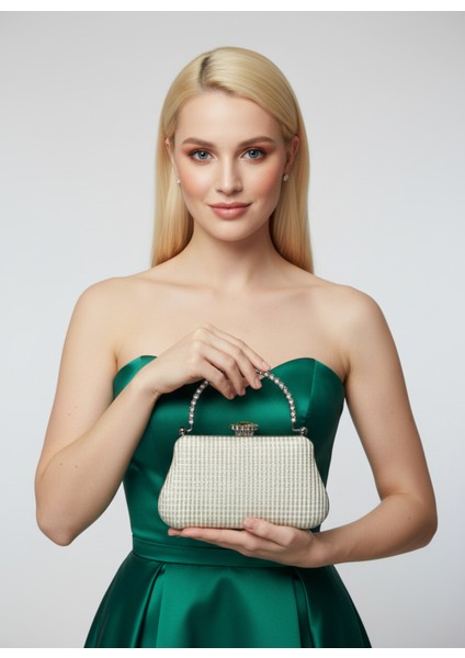 Ekru Renk Simli Taşlı Abiye Çanta | Lüks Düğün ve Gece Çantası