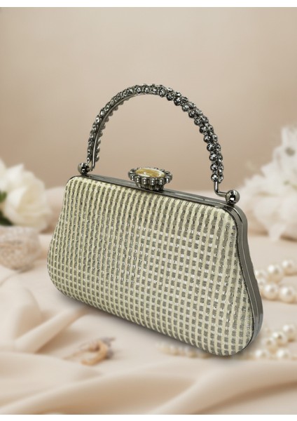 Ekru Renk Simli Taşlı Abiye Çanta | Lüks Düğün ve Gece Çantası fiyatları