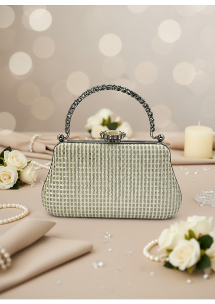 Ekru Renk Simli Taşlı Abiye Çanta | Lüks Düğün ve Gece Çantası modelleri