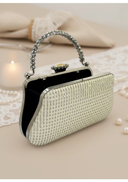 Ekru Renk Simli Taşlı Abiye Çanta | Lüks Düğün ve Gece Çantası fırsatları