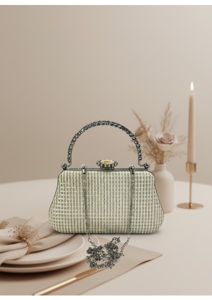 Ekru Renk Simli Taşlı Abiye Çanta | Lüks Düğün ve Gece Çantası indirimleri