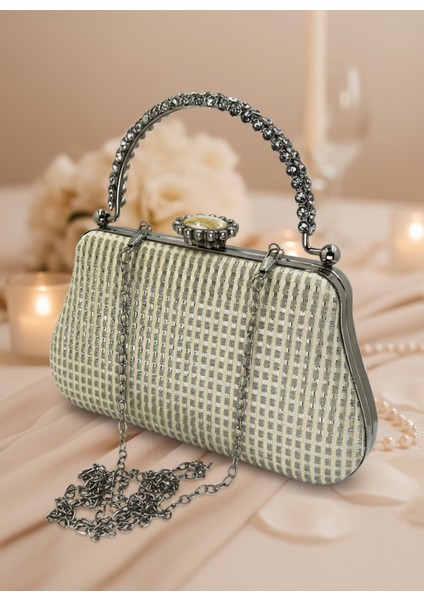 Ekru Renk Simli Taşlı Abiye Çanta | Lüks Düğün ve Gece Çantası