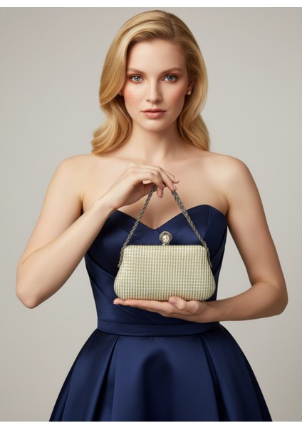 Ekru Renk Simli Taşlı Abiye Çanta | Lüks Düğün ve Gece Çantası