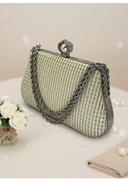 Ekru Renk Simli Taşlı Abiye Çanta | Lüks Düğün ve Gece Çantası fiyatları