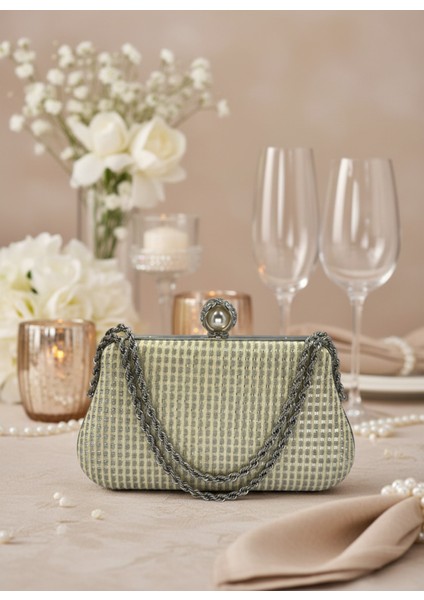 Ekru Renk Simli Taşlı Abiye Çanta | Lüks Düğün ve Gece Çantası modelleri