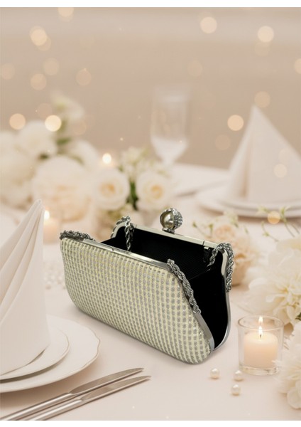 Ekru Renk Simli Taşlı Abiye Çanta | Lüks Düğün ve Gece Çantası fırsatları