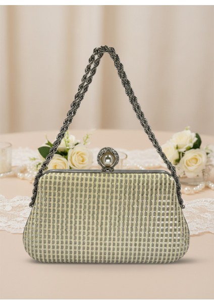 Ekru Renk Simli Taşlı Abiye Çanta | Lüks Düğün ve Gece Çantası indirimleri