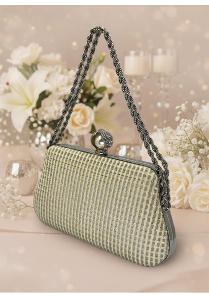 Ekru Renk Simli Taşlı Abiye Çanta | Lüks Düğün ve Gece Çantası