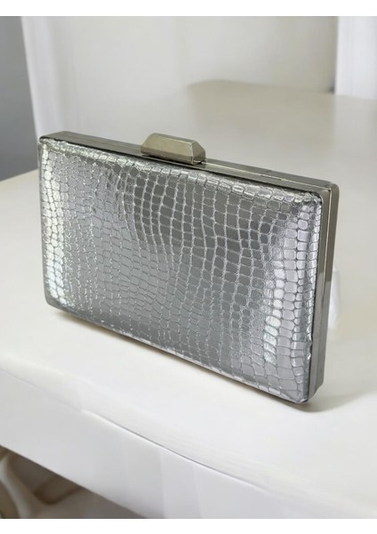 Gümüş Ithal Krokodil Timsah Lazer Sim Desenli Abiye Çanta