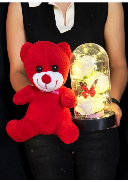 Kiz Arkadasa Hediye 3 Beyaz Güllü Kelebekli Işıklı Fanus ve 25CM Kırmızı Ayıcık