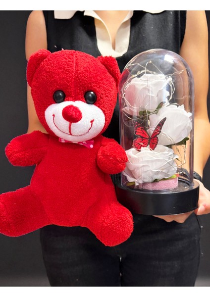 Kiz Arkadasa Hediye 3 Beyaz Güllü Kelebekli Işıklı Fanus ve 25CM Kırmızı Ayıcık indirimleri