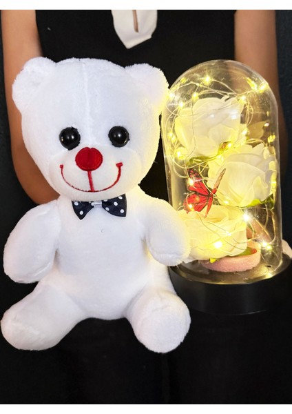 Sevgiliye Hediyeler - 25CM Beyaz Ayıcık ve Kelebekli Beyaz Güllü Işıklı Fanus fiyatları