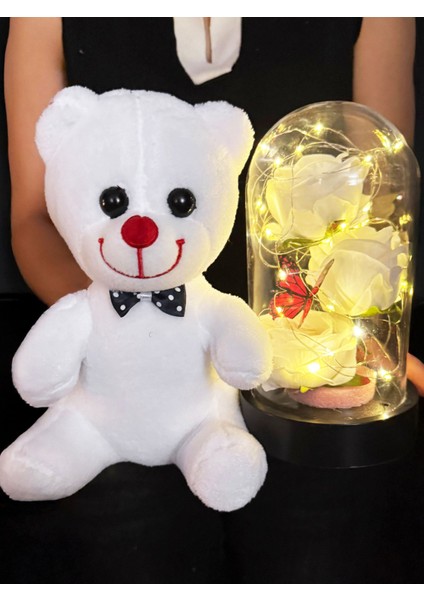 Sevgiliye Hediyeler - 25CM Beyaz Ayıcık ve Kelebekli Beyaz Güllü Işıklı Fanus fırsatları