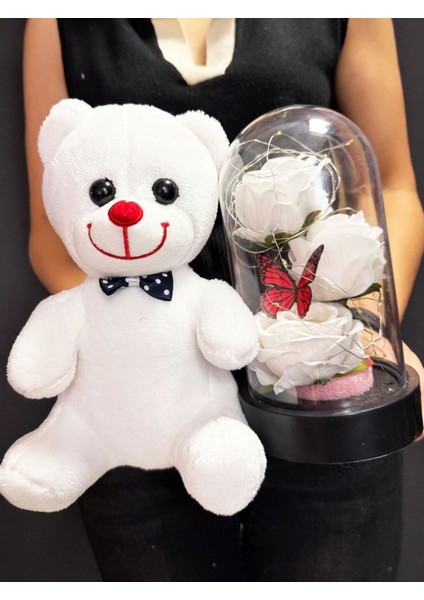 Sevgiliye Hediyeler - 25CM Beyaz Ayıcık ve Kelebekli Beyaz Güllü Işıklı Fanus indirimleri