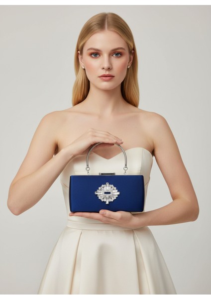 Lacivert Kristal Gümüş Taşlı Saten Abiye Çanta, Metal Saplı Şıklık