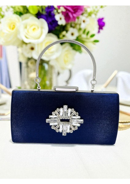 Lacivert Kristal Gümüş Taşlı Saten Abiye Çanta, Metal Saplı Şıklık modelleri