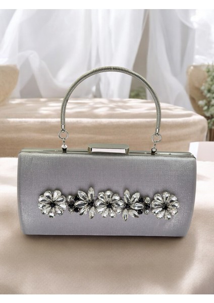 Gümüş Gri Kristal Taşlı Saten Abiye Çanta, Metal Saplı Şıklık modelleri