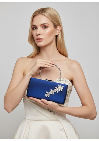 Lacivert Kristal Gümüş Taşlı Saten Abiye Çanta, Metal Saplı Şıklık