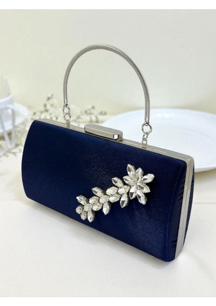 Lacivert Kristal Gümüş Taşlı Saten Abiye Çanta, Metal Saplı Şıklık fiyatları