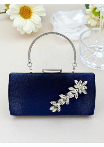 Lacivert Kristal Gümüş Taşlı Saten Abiye Çanta, Metal Saplı Şıklık modelleri