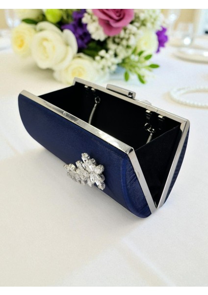 Lacivert Kristal Gümüş Taşlı Saten Abiye Çanta, Metal Saplı Şıklık fırsatları