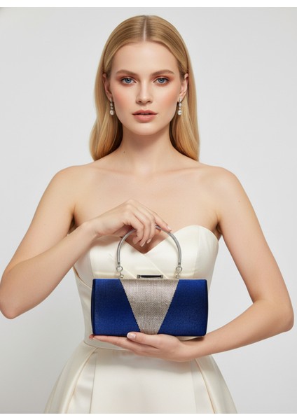 Lacivert Kristal Gümüş Taşlı Saten Abiye Çanta, Metal Saplı Şıklık