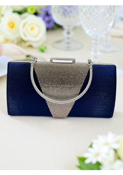 Lacivert Kristal Gümüş Taşlı Saten Abiye Çanta, Metal Saplı Şıklık modelleri