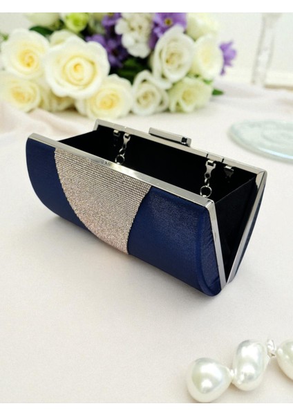 Lacivert Kristal Gümüş Taşlı Saten Abiye Çanta, Metal Saplı Şıklık fırsatları