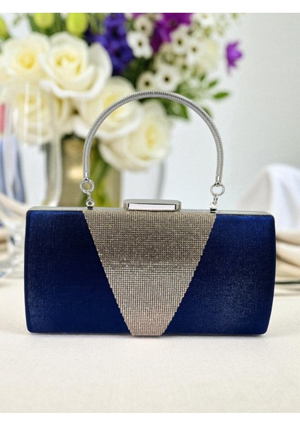 Lacivert Kristal Gümüş Taşlı Saten Abiye Çanta, Metal Saplı Şıklık indirimleri