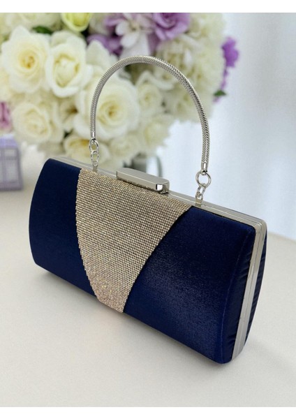 Lacivert Kristal Gümüş Taşlı Saten Abiye Çanta, Metal Saplı Şıklık