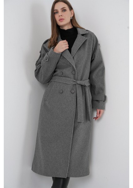 Kadın Kuşaklı Kaşe Kaban 9161 - Gri