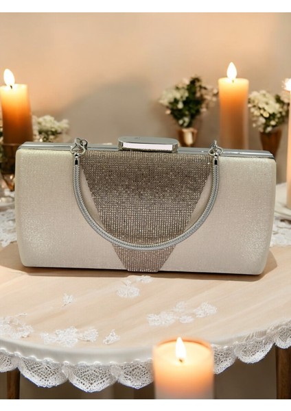 Ten Nude Kristal Gümüş Taşlı Saten Abiye Çanta, Metal Saplı Şıklık modelleri