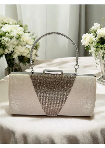 Ten Nude Kristal Gümüş Taşlı Saten Abiye Çanta, Metal Saplı Şıklık indirimleri