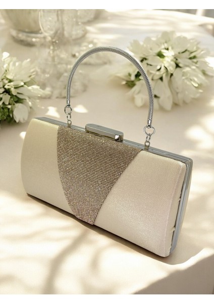 Ten Nude Kristal Gümüş Taşlı Saten Abiye Çanta, Metal Saplı Şıklık