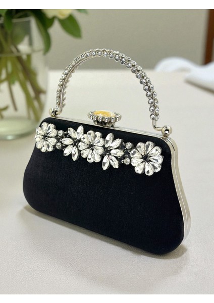 Siyah Renk Simli Saten Kristal Taşlı Saplı Kadın Abiye Çanta Düğün Nişan Mezuniyet fiyatları