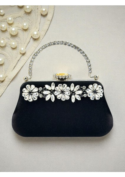 Siyah Renk Simli Saten Kristal Taşlı Saplı Kadın Abiye Çanta Düğün Nişan Mezuniyet modelleri