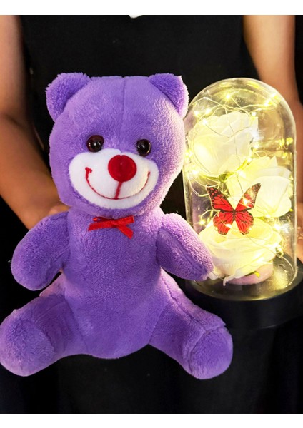 Kiz Kardese Hediye - 25CM Mor Ayıcık ve Beyaz Güllü Kelebekli Ledli Fanus - Öğretmene