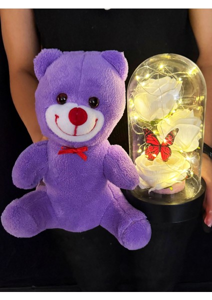 Kiz Kardese Hediye - 25CM Mor Ayıcık ve Beyaz Güllü Kelebekli Ledli Fanus - Öğretmene fiyatları