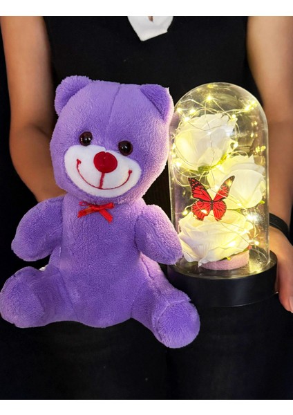 Kiz Kardese Hediye - 25CM Mor Ayıcık ve Beyaz Güllü Kelebekli Ledli Fanus - Öğretmene modelleri