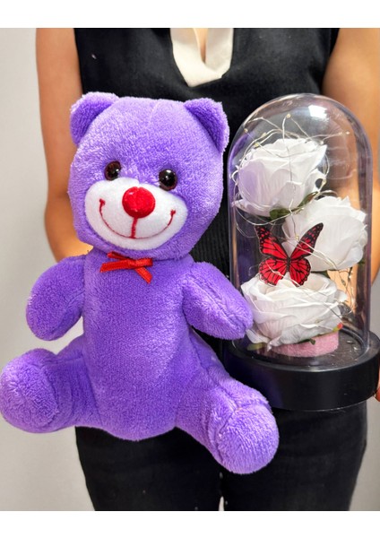 Kiz Kardese Hediye - 25CM Mor Ayıcık ve Beyaz Güllü Kelebekli Ledli Fanus - Öğretmene indirimleri