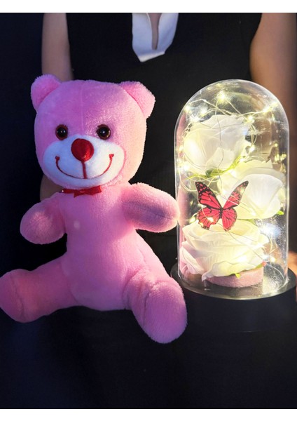 Kiza Dogum Gunu Hediyesi - 25CM Pembe Ayıcık ve Işıklı Fanus Beyaz Güllü ve Kelebekli