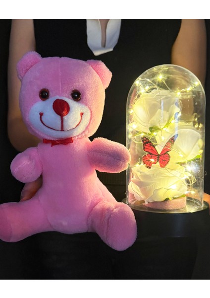 Kiza Dogum Gunu Hediyesi - 25CM Pembe Ayıcık ve Işıklı Fanus Beyaz Güllü ve Kelebekli fiyatları
