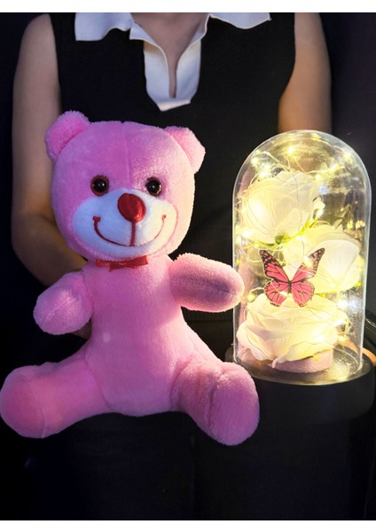 Kiza Dogum Gunu Hediyesi - 25CM Pembe Ayıcık ve Işıklı Fanus Beyaz Güllü ve Kelebekli modelleri