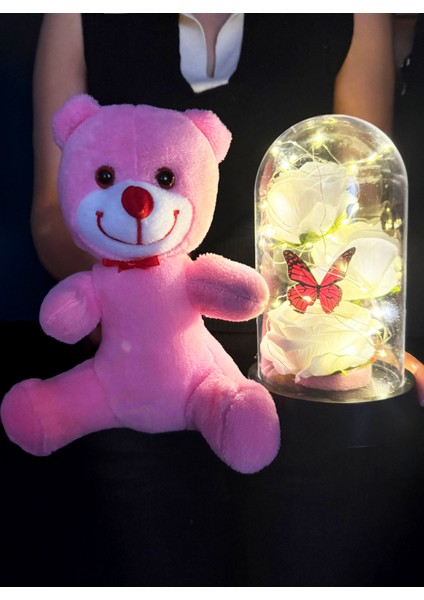 Kiza Dogum Gunu Hediyesi - 25CM Pembe Ayıcık ve Işıklı Fanus Beyaz Güllü ve Kelebekli fırsatları