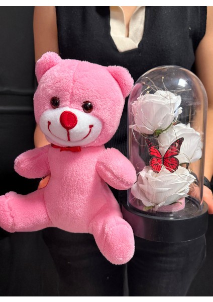 Kiza Dogum Gunu Hediyesi - 25CM Pembe Ayıcık ve Işıklı Fanus Beyaz Güllü ve Kelebekli indirimleri